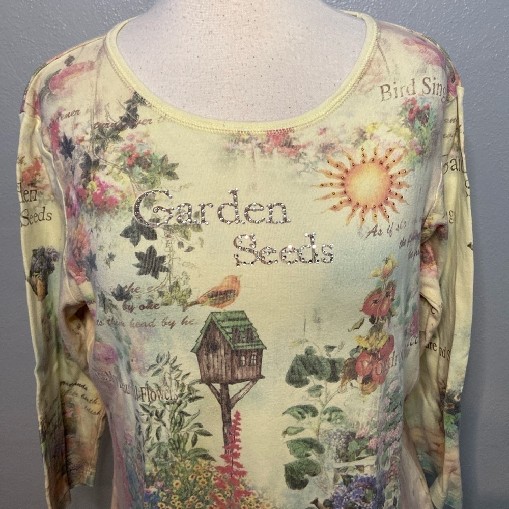 Studio Gem 3/4 Sleeve Top Garden Seeds Birds Cream Pink Green XL